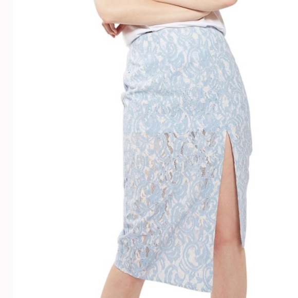 Topshop Dresses & Skirts - Topshop Blue Lace Bonded Slit Midi Skirt